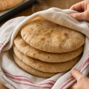 Freshly baked Egyptian baladi pocket breads wrapped in a clean towel to stay soft.