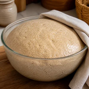 Risen whole wheat dough in an oiled bowl after bulk fermentation for Egyptian pocket bread.