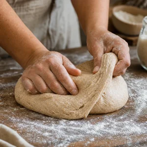 Whole wheat sourdough dough being kneaded on a lightly floured surface until smooth and elastic.