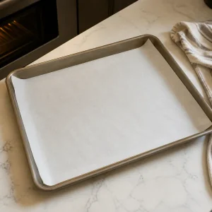 Mit Backpapier ausgelegtes Blech für den Blätterteig