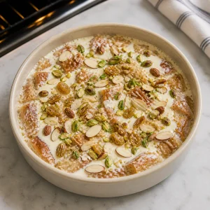 Getränkter Blätterteigpudding mit Sahne und Nüssen
