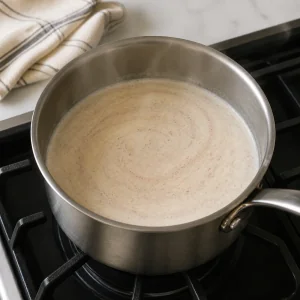 Dampfende Milchmischung in einem Topf