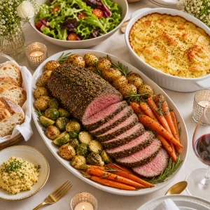 Buffet Elegante para Aniversário com Carne de Vaca Ervas e Legumes