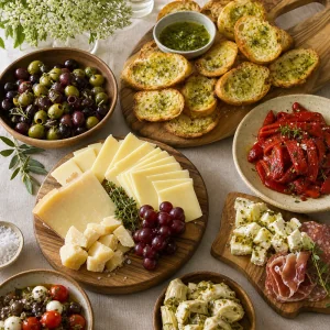 Sery, oliwki, pieczona czerwona papryka i crostini na osobnych deskach z przekąskami
