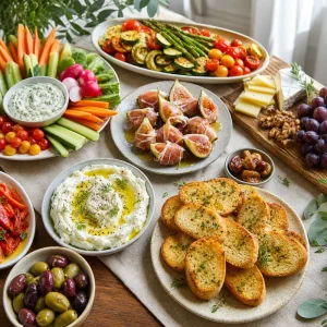 Elegantes Vorspeisen- und Beilagenbuffet mit Crostini, Dips, Crudités, Prosciutto-Feigen, geröstetem Gemüse, Käse und Oliven