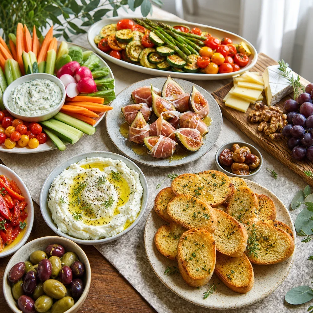 Elegancki bufet z przystawkami i dodatkami: crostini, dipy, crudités, figi z prosciutto, pieczone warzywa, sery i oliwki