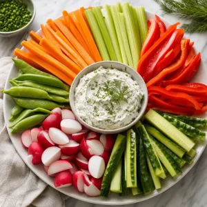 Świeże warzywne crudités ułożone wokół ziołowego dipu z serka kremowego