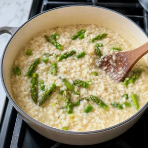 Asparagus tips stirred into nearly tender risotto