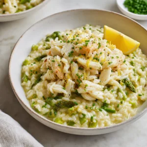 Finished crab risotto topped with chives and lemon