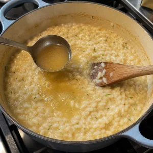 Warm stock ladled into creamy risotto rice