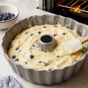 Лимонное тесто с черникой разровнено в форме Bundt перед выпеканием