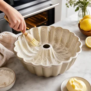 Форма Bundt смазана и присыпана мукой для лимонного кекса с черникой