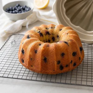 Неглазированный лимонный кекс Bundt с черникой остывает на решетке