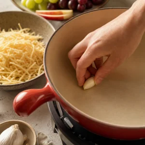 Garlic clove rubbed inside a fondue pot before making Swiss cheese fondue