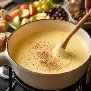 Smooth melted Swiss cheese fondue stirred with nutmeg and black pepper