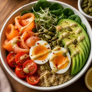 Бранч-боул с авокадо, копченым лососем, помидорами и яйцами