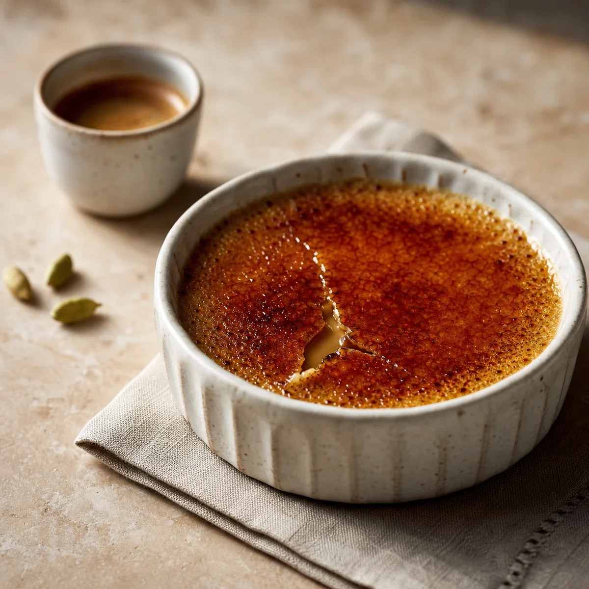 Crème brûlée z espresso i kardamonem oraz pękniętą bursztynową skorupką