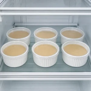 Sześć przykrytych kremów espresso chłodzi się w lodówce