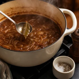 Lorbeerblatt wird aus der fertigen Zwiebelsuppe gehoben