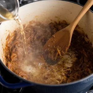 Karamellisierte Zwiebeln werden mit Wein abgelöscht