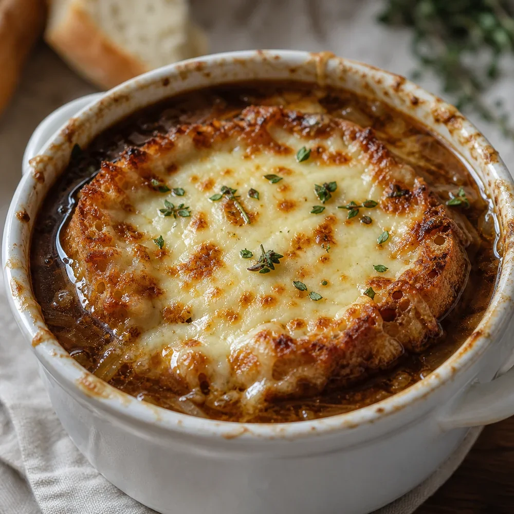 Fertige französische Zwiebelsuppe mit geschmolzenem Gruyère-Toast