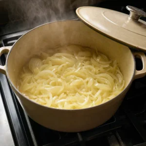 Gedünstete weiche Zwiebeln in einem abgedeckten Topf