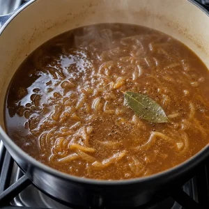 Suppe köchelt mit Lorbeerblatt und Pfeffer