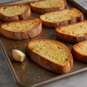 Geröstete Brotscheiben mit einer Knoblauchzehe
