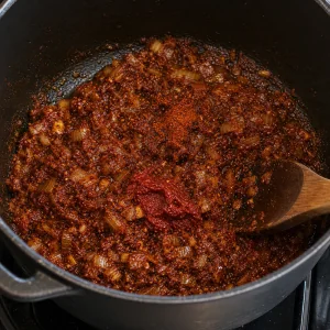 Berbere und Tomatenmark werden in die Zwiebelbasis gerührt