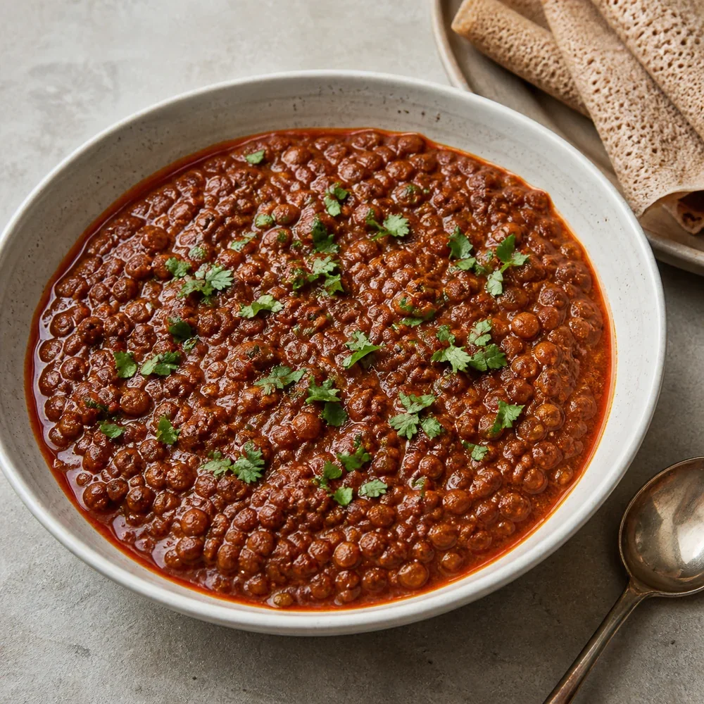 Schale äthiopischer roter Linseneintopf mit Kräutern und Injera