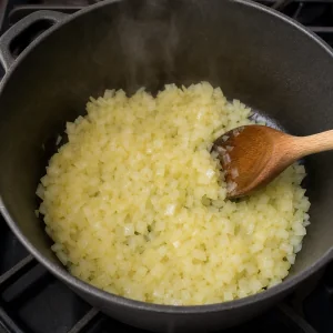 Gehackte Zwiebeln werden in einem trockenen schweren Topf weich