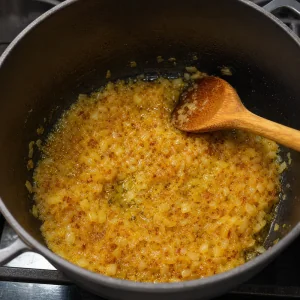 Goldene Zwiebeln garen in Öl in einem schweren Topf