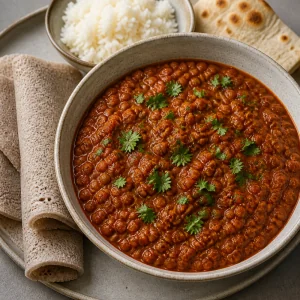 Servierter Misir Wat mit Kräutern, Injera, Reis und Fladenbrot