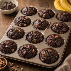 Gebackene Schoko-Bananenmuffins mit Staebchenprobe