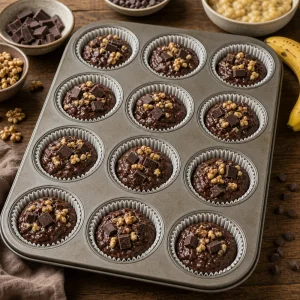 Schoko-Bananenteig in Muffinfoermchen verteilt