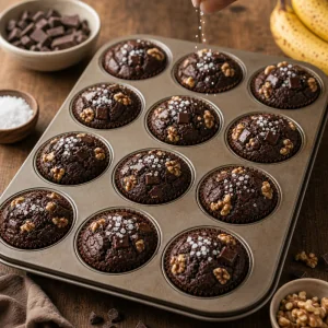 Grobes Meersalz auf heisse Schokomuffins gestreut
