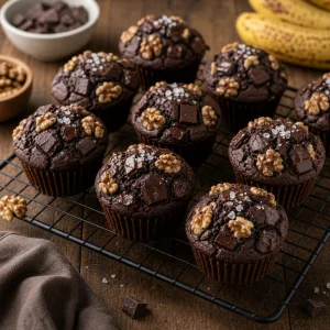 Dunkle Schoko-Bananenmuffins kuehlen auf einem Gitter