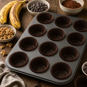 Muffinblech mit Papierfoermchen fuer Schoko-Bananenteig