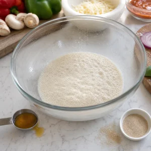 Foamy yeast mixture in a large glass bowl for homemade personal pizza dough