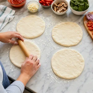 Four personal pizza dough circles rolled out on a floured counter