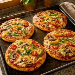 Golden personal pizzas with melted bubbly cheese on a baking sheet
