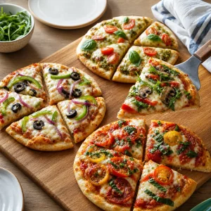 Sliced homemade personal pizzas on a board ready for family serving