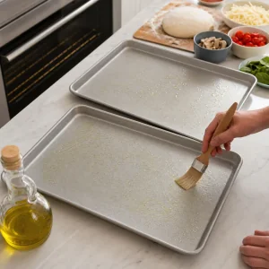 Two large baking sheets lightly brushed with olive oil for personal pizzas