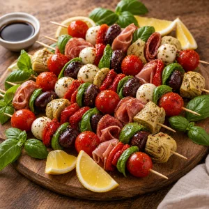 Antipasto skewer platter with basil, lemon wedges and balsamic glaze