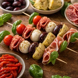 Antipasto skewers assembled with tomatoes, cheese, meats and olives