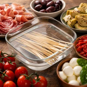 Bamboo skewers soaking in water beside antipasto ingredients