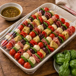 Covered make-ahead antipasto skewers with basil and dressing nearby