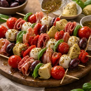 Dressing drizzled over finished antipasto skewers