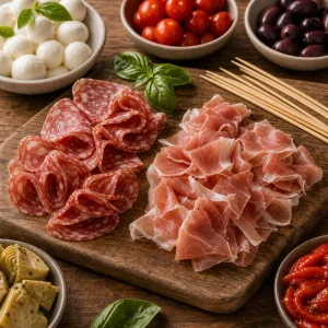 Folded salami and prosciutto ribbons ready for skewers