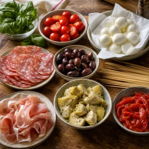 Mozzarella and antipasto ingredients set out on a wooden board